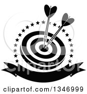 Poster, Art Print Of Black And White Darts In The Bullseye Of A Target Within A Circle Of Stars With A Blank Banner