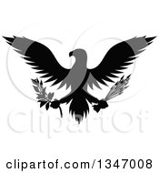 Poster, Art Print Of Flying Black Silhouetted Eagle Holding A Peace Olive Branch And War Arrows