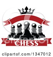 Black And White Chess Pawns Crown And Red Banners