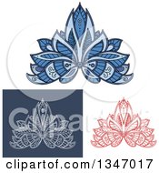Poster, Art Print Of Beautiful Ornate Red White On Blue And Blue Henna Lotus Flowers