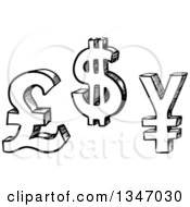 Black And White Sketched Pound Dollar And Yen Currency Symbols