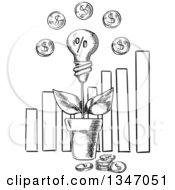 Poster, Art Print Of Black And White Sketched Light Bulb Investment Plant With Coins Over A Bar Graph