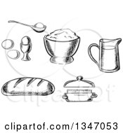 Black And White Sketched Loaf Of Bread Eggs Butter Flour And A Measuring Cup