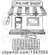 Black And White Sketched Online Shop Building With A Keyboard