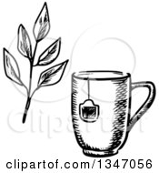 Clipart Of A Black And White Sketched Tea Cup With A Bag Label And Leaves Royalty Free Vector Illustration