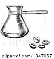 Clipart Of A Black And White Sketched Turkish Cezve And Coffee Beans Royalty Free Vector Illustration