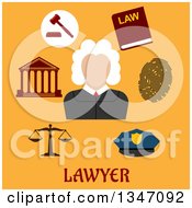 Flat Design Male Judge Avatar With Legal Icons On Orange With Text