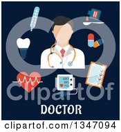 Flat Design Male Doctor Avatar With Medical Items And Text On Blue