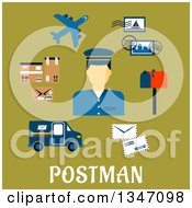 Flat Design Male Postman Avatar With Icons Over Text On Green
