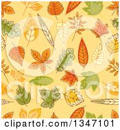 Poster, Art Print Of Seamless Background Pattern Of Sketched Autumn Leaves Over Pastel Orange