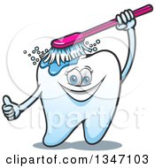Poster, Art Print Of Cartoon Tooth Character Giving A Thumb Up And Brushing Itself