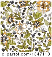 Seamless Background Pattern Of Blackberries Flowers And Leaves