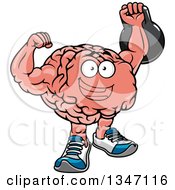 Poster, Art Print Of Cartoon Strong Muscular Brain Character Working Out With A Kettlebell