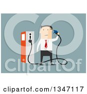 Poster, Art Print Of Flat Design White Businessman Holding A Gas Pump Nozzle Over Blue