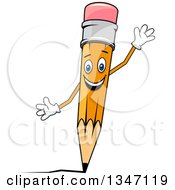 Poster, Art Print Of Cartoon Happy Yellow Pencil Character Writing And Waving