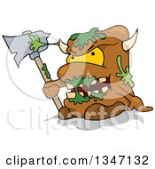 Cartoon Brown Slimed Monster Sitting And Holding An Axe