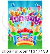 Poster, Art Print Of Colorful Bouncy Castle Jumping House With Party Balloons And Fun Day Text
