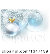 Poster, Art Print Of 3d Silver Christmas Bauble Ornament On A Tree Over Blue And Snowflakes