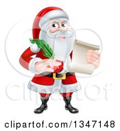 Poster, Art Print Of Cartoon Happy Christmas Santa Claus Holding A Parchment Scroll And Quill Pen
