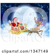 Poster, Art Print Of Flying Magic Christmas Red Nosed Reindeer Rudolph Flying Santa In A Sleigh Above The Clouds Against A Full Moon