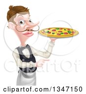 Clipart Of A Cartoon Caucasian Male Waiter With A Curling Mustache Holding A Pizza On A Tray And Pointing Royalty Free Vector Illustration by AtStockIllustration