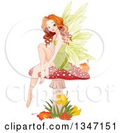 Poster, Art Print Of Beautiful Caucasian Female Fairy Sitting On A Fly Agaric Mushroom With Autumn Leaves