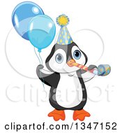 Cute Birthday Party Penguin Blowing A Noise Maker Wearing A Hat And Holding Balloons