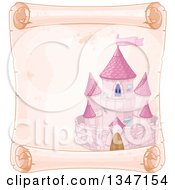 Poster, Art Print Of Pink Fairy Tale Castle On An Aged Parchment Scroll Page
