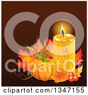 Clipart Of A Festive Pumpkin With Autumn Leaves And A Glowing Candle Over Brown Royalty Free Vector Illustration