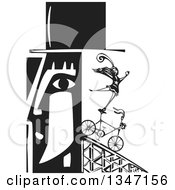 Poster, Art Print Of Black And White Woodcut Mans Profiled Head With A Circus Act Woman Balancing On A Bicycle Coming Out Of The Back