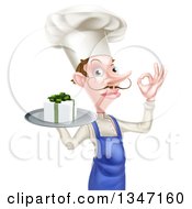 Clipart Of A White Male Chef With A Curling Mustache Holding A Gift On A Platter And Gesturing Ok Royalty Free Vector Illustration