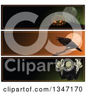 Clipart Of Halloween Jackolantern And RIP Tombstone Crow With A Full Moon And Skeleton Website Banners With Text Space Royalty Free Vector Illustration