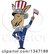 Clipart Of A Cartoon Politician Democratic Donkey In A Suit Waving An American Flag Royalty Free Vector Illustration