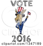 Poster, Art Print Of Cartoon Politician Democratic Donkey In A Suit Waving An American Flag With Vote 2016 Text