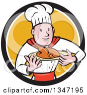 Clipart Of A Cartoon White Male Chef Carrying A Roasted Chicken On A Platter In A Black White And Yellow Circle Royalty Free Vector Illustration by patrimonio