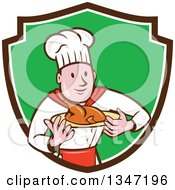 Cartoon White Male Chef Carrying A Roasted Chicken On A Platter In A Brown White And Green Shield