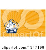 Clipart Of A Retro Male Chef Cutting Meat And Orange Rays Background Or Business Card Design Royalty Free Illustration