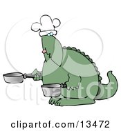 Green Dino In A Chefs Hat Cooking With A Pan And Pot Clipart Illustration