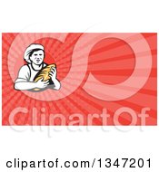 Clipart Of A Retro Male Baker Holding A Loaf Of Bread And Red Rays Background Or Business Card Design Royalty Free Illustration