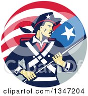 Retro American Patriot Minuteman Revolutionary Soldier Holding A Flag Banner In A Circle