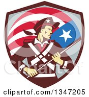 Retro American Patriot Minuteman Revolutionary Soldier Holding A Flag Banner In A Shield