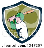 Clipart Of A Cartoon White Male Baseball Player Athlete Batting In A Navy Blue White And Green Shield Royalty Free Vector Illustration