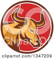 Poster, Art Print Of Retro Texas Longhorn Steer Bull In A Brown White And Red Circle