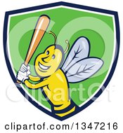 Poster, Art Print Of Cartoon Bee Baseball Player Sports Mascot Batting In A Blue White And Green Shield