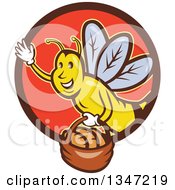 Poster, Art Print Of Retro Cartoon Friendly Bee Flying With A Bread Basket In A Brown And Red Circle