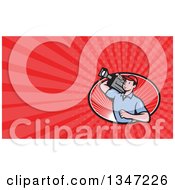 Poster, Art Print Of Cartoon White Male Cameraman Filming In An Oval And Red Rays Background Or Business Card Design