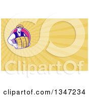 Clipart Of A Retro Male Bartender Carrying A Keg In A Circle And Yellow Rays Background Or Business Card Design Royalty Free Illustration