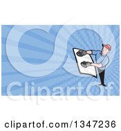 Poster, Art Print Of Cartoon White Male Glass Windshield Installer And Blue Rays Background Or Business Card Design