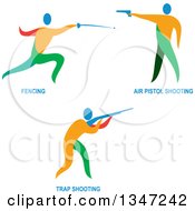 Poster, Art Print Of Colorful Athletes Fencing And Shooting Air Pistols And Rifles And Text