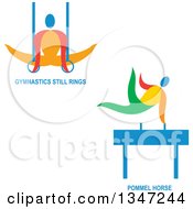 Poster, Art Print Of Colorful Gymnast Athletes On Still Rings And The Pommel Horse With Text